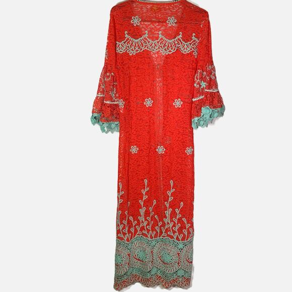 Antica Sartoria by Giacomo Long Lace Kimono Red Aqua Embroidered Boho Cover up - Picture 4 of 16